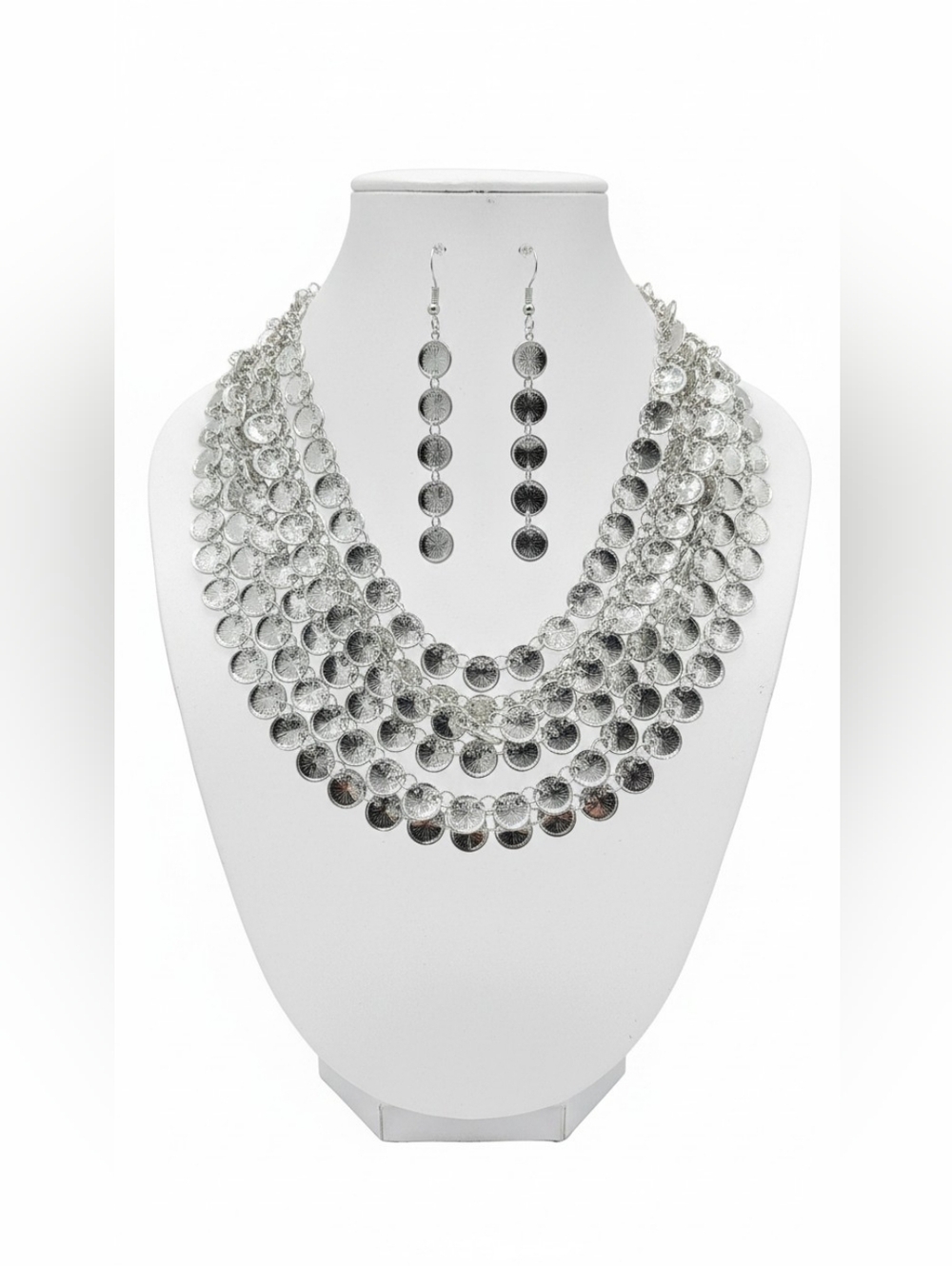 Nwt Sassified  Boutique Silver Multi-Layer Disc Statement Set Fashion Jewelry.